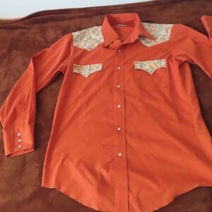 Vintage Karman Shirt Mens floral Western Pearl Snap Long Sleeve Collar Orange